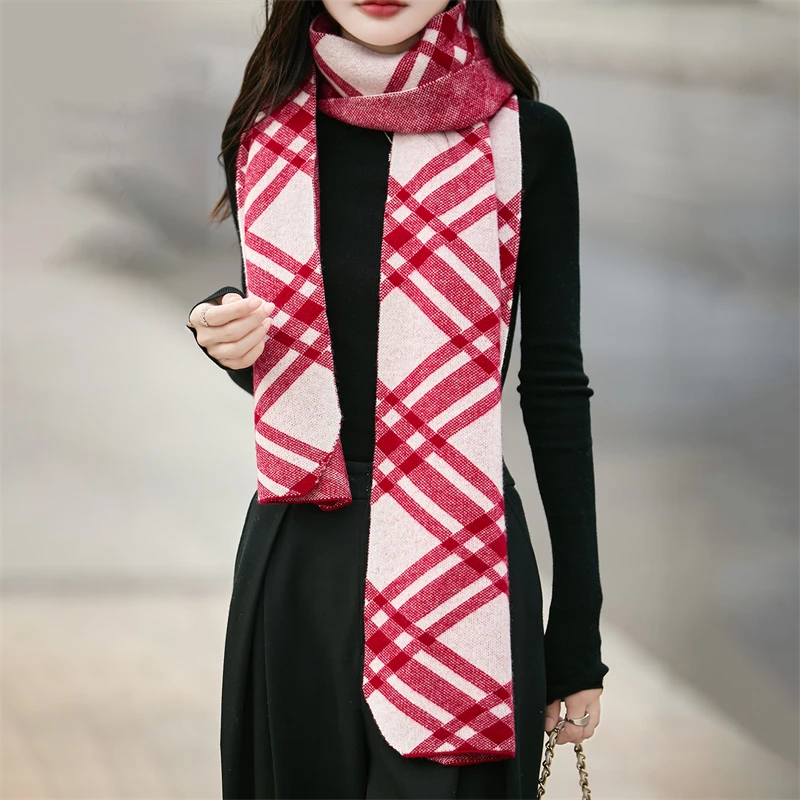 

Autumn And Winter Color Matching 100% Pure Wool Knitted Scarf Women's Fashion Casual Plaid Shawl Warm Scarf