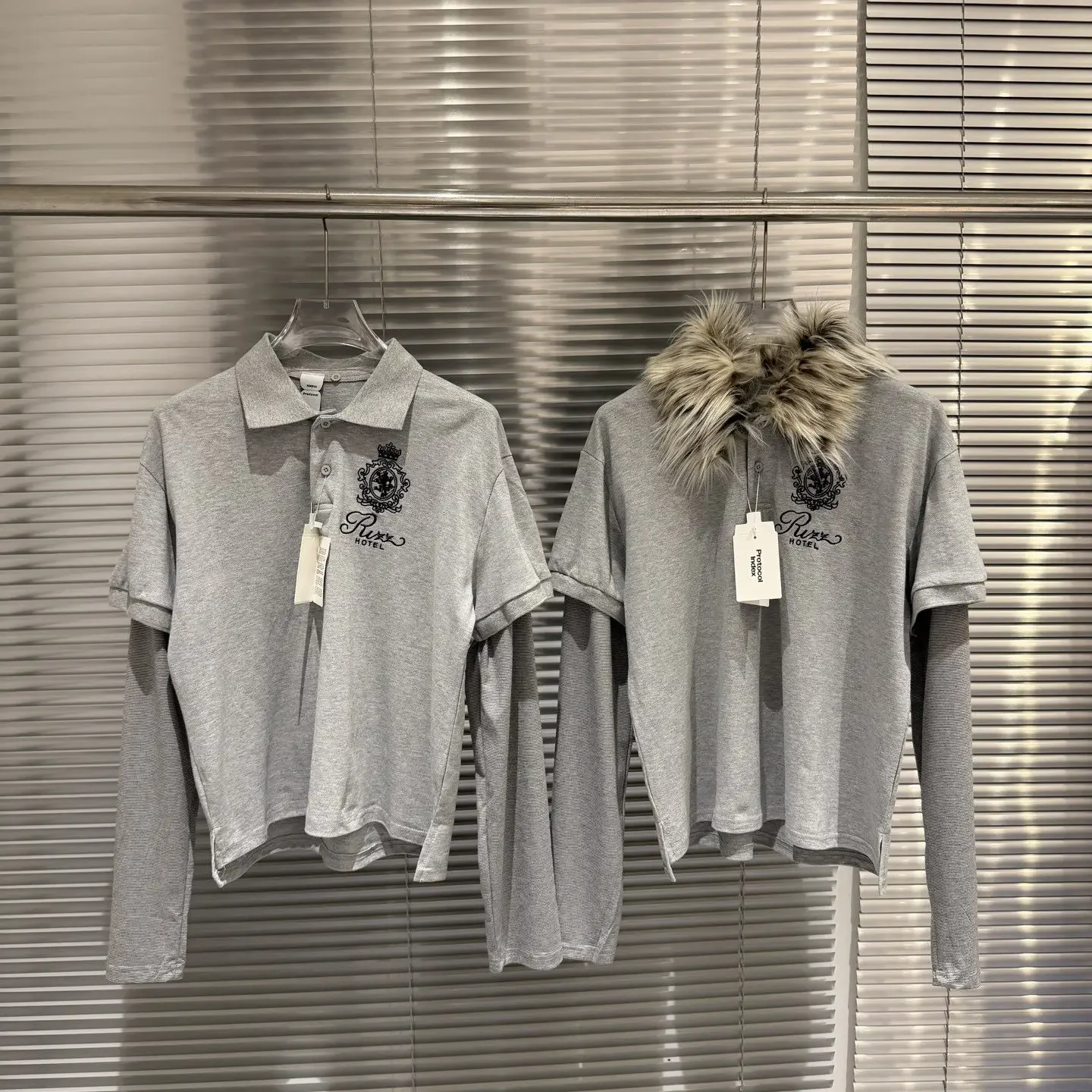 Protocol Index Leopard Print Fur Collar Detachable Stitching Fake Two-Piece POLO Long Sleeve T-Shirt