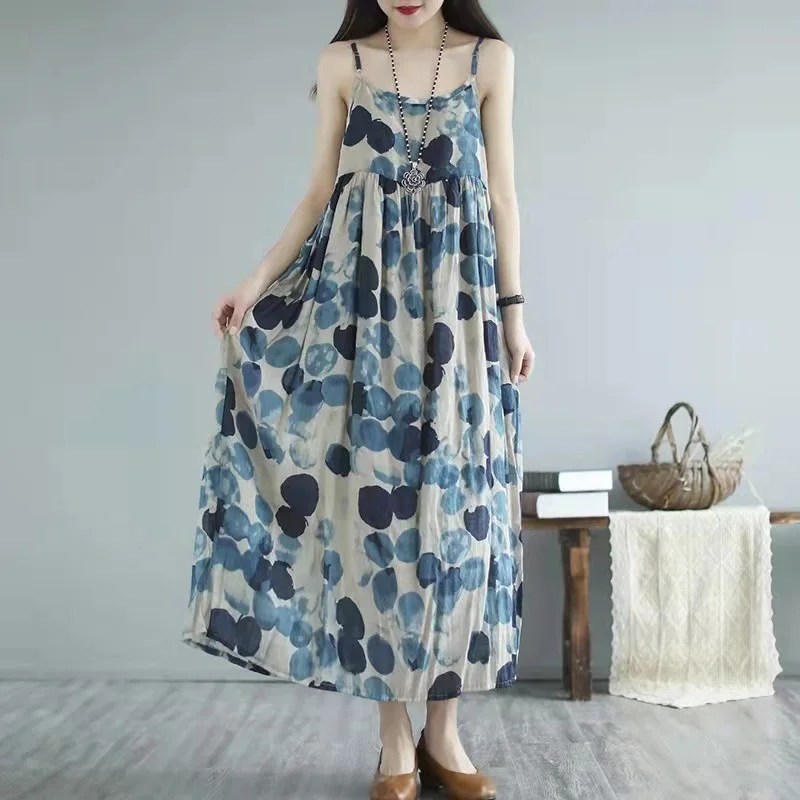 Retro Y2K Summer Long Dress Grunge Street Wear Loose Italian Noodle Strap Maxi Dress Clothing 2024 Fashion Women's Wear L241