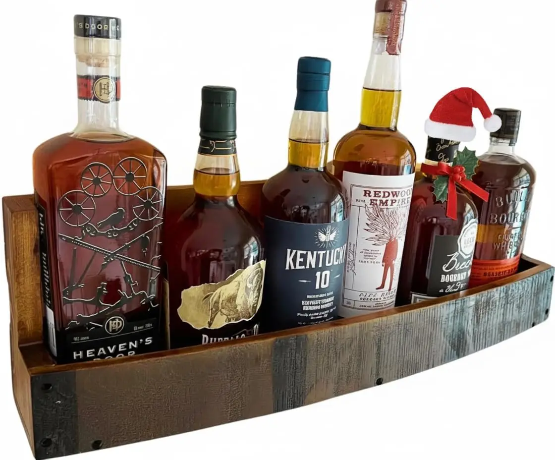 

Rustic Wall-Mounted Wooden Shelf for Whiskey, Wine & Bourbon - Space-Saving Bar Display Rack