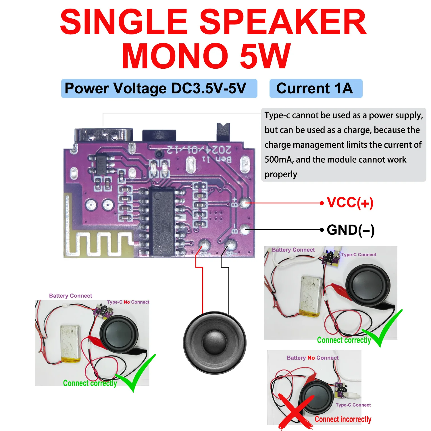 DC 3.5 V-5 V 5 W Bluetooth 5.4 Mono Versterker Decoder Board MP3 Speler TWS 3.5mm AUX Module Ontvanger DIY Handgemaakte Luidspreker