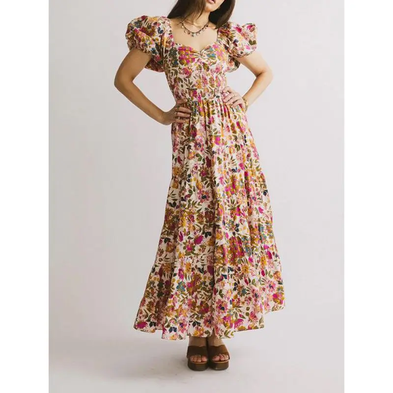 Combhasaki femmes été décontracté froncé chérie col en v smocké imprimé fleuri manches courtes bouffantes fête fluide a-ligne longue robe