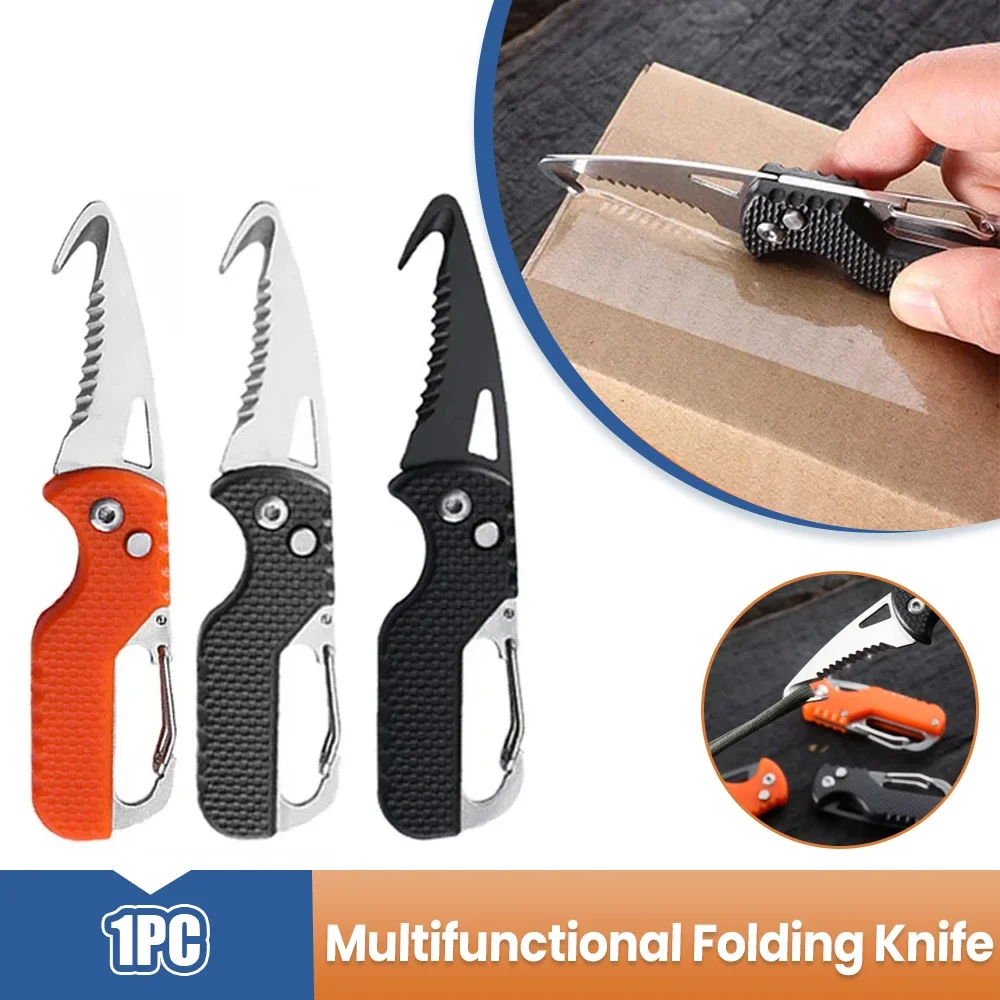 Cuchillo plegable portátil para exteriores, herramienta de supervivencia multifunción, cortador de gancho dentado inoxidable, abridor de caja