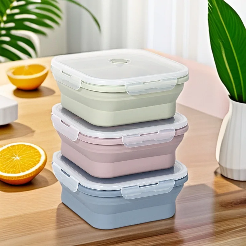 Fiambrera de silicona de calidad alimentaria, microondas cuadrado, Camping, contenedor de comida grande plegable, Tupperware hermético para exteriores, 2100ml