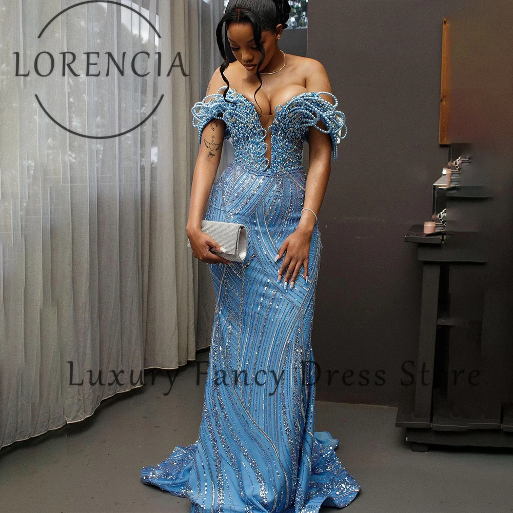 

Luxury Beading Prom Dresses for Black Girl Off Shoulder Glitter Sequin Mermaid Wedding Party Gowns Customized vestido madrinha