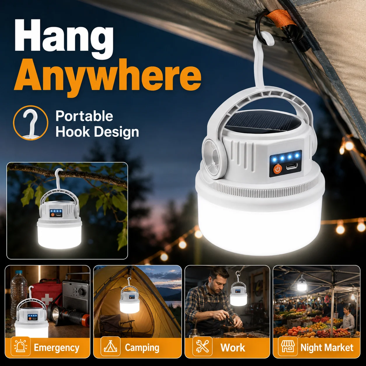 Lampe camping solaire LED rechargeable USB, double charge, étanche, lampe tente, torche LED portable avec crochet suspension LED gallery 3