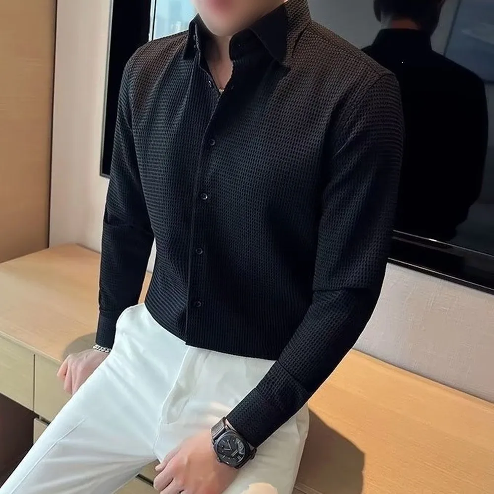Men Solid Black White Green Waffle Long Sleeve Shirt Lapel Collar Button Front for top for Men Four Seasons Wardrobe