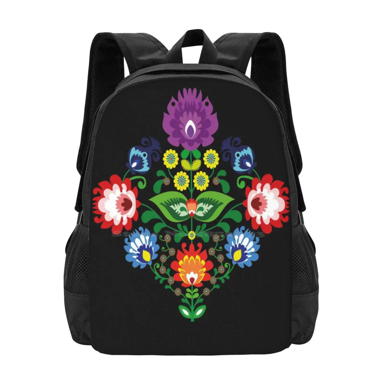 

Народный # 5. Черный рюкзак с 3d принтом, студенческая сумка, цветочный цветок, природа, традиционная польская деревня, мотив ручной работы, фольклор