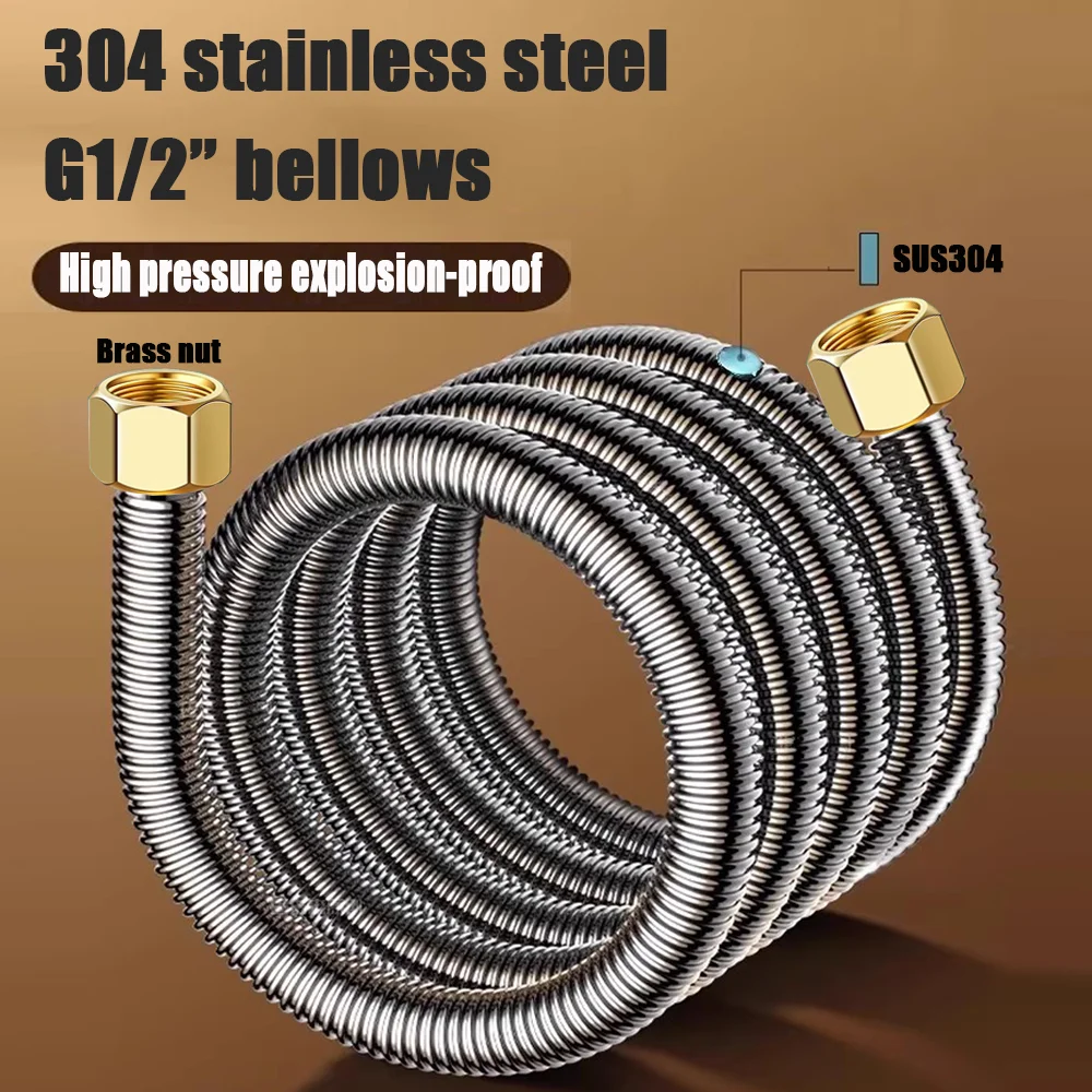 

New 20/40/60/80/100/150/200cm G1/2'' 304 Stainless Steel Flexible Bellows High Pressure Explosion-proof Cold and Hot Water Pipe
