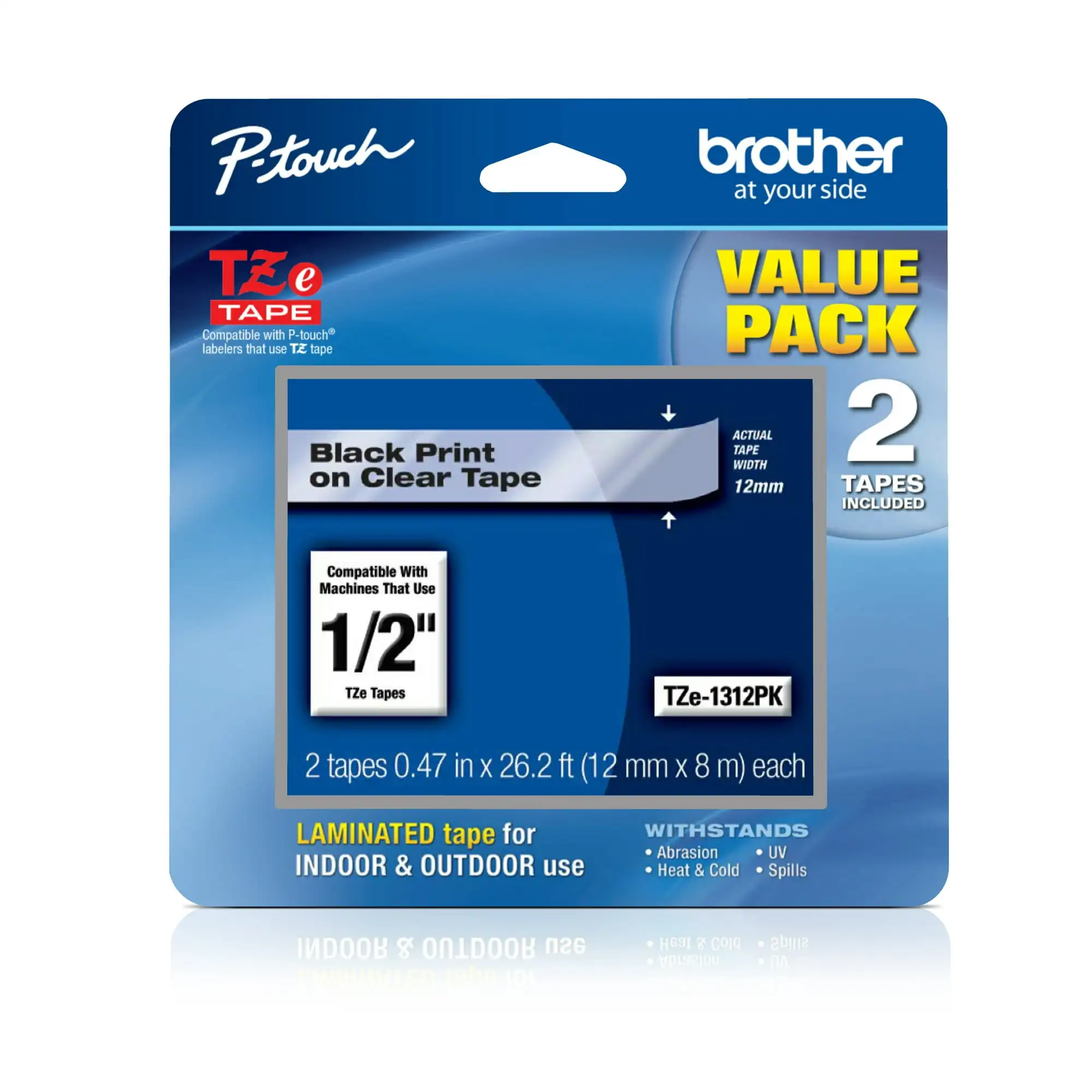 

Brother Genuine P-Touch TZE1312PK, Black on Clear Tape, Laminated, Durable, Water-Resistant, 2-Pack