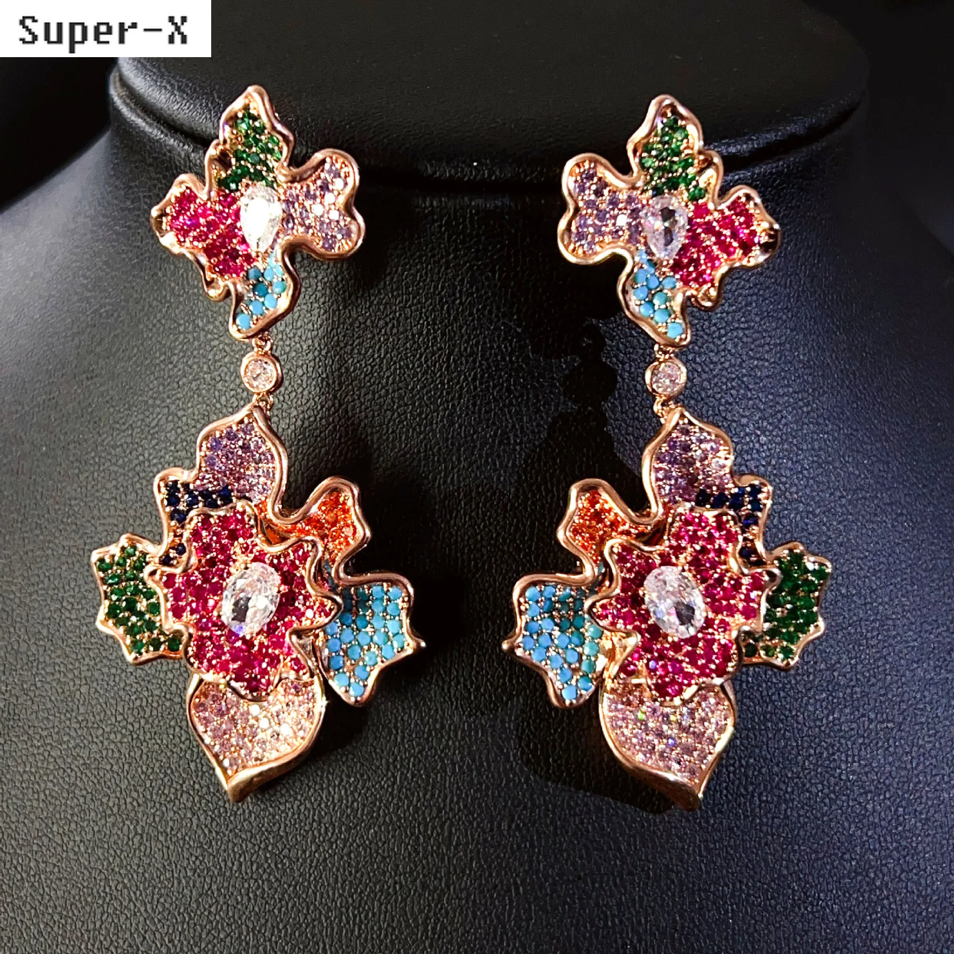 multicolor zircon Flower Earrings for Women jewelry Purple Red Blue petal floral Long Dangling Earrings Wedding dinner jewelry