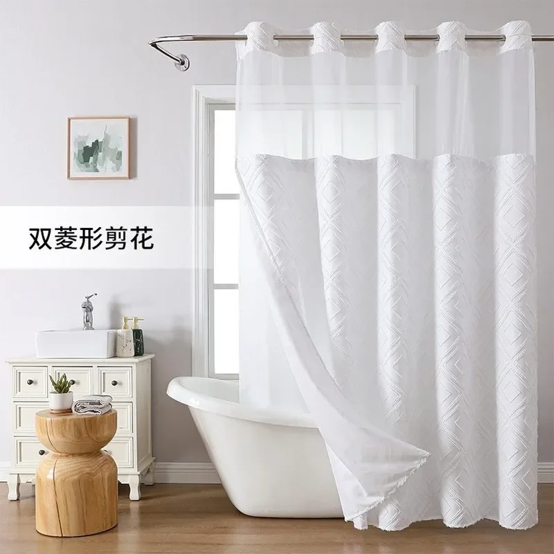 No Hook Double Layer Tufted Diamond Cut Shower Curtain Waterproof Mildew Resistant Fabric Bathroom Bathtub Privacy Partition