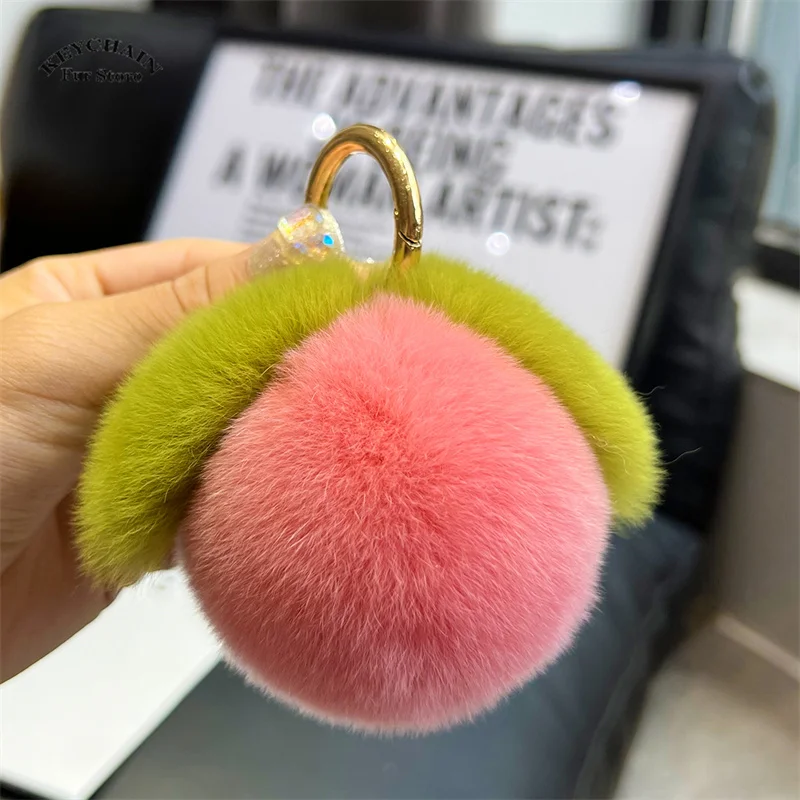 Real Rabbit Hair Mini Cute Furry Peach Keychain Keychains Women Plush Rex Rabbit Fur Car Key Chain Bag Decoration Pendant Gift