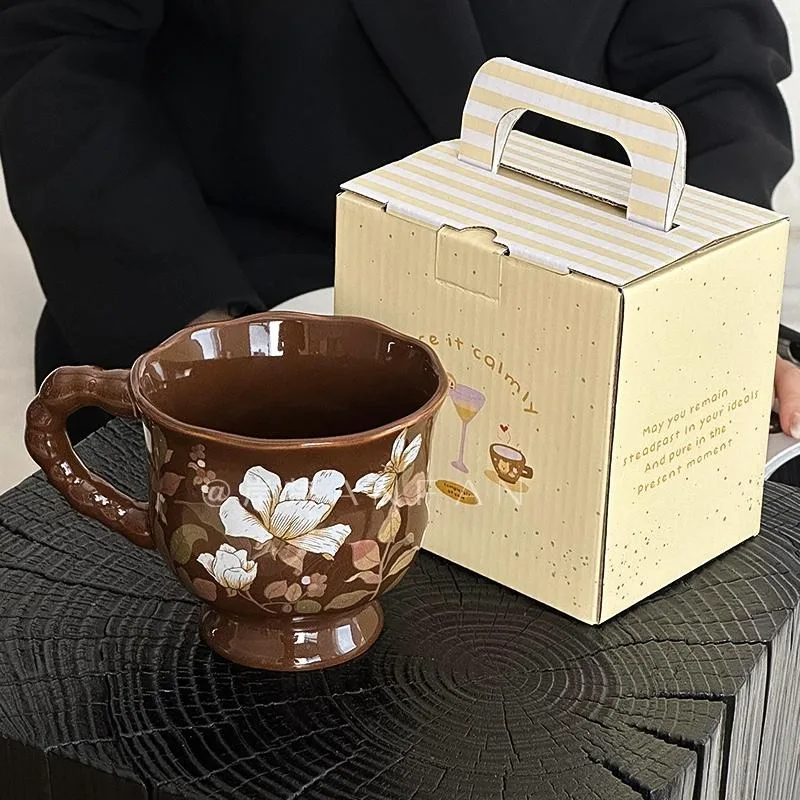 

Vintage Floral Pattern Mug, High-End Water Cup, Afternoon Tea Coffee Cup, Gift Box Packaging, Ceramic Cup For Gift Giving
