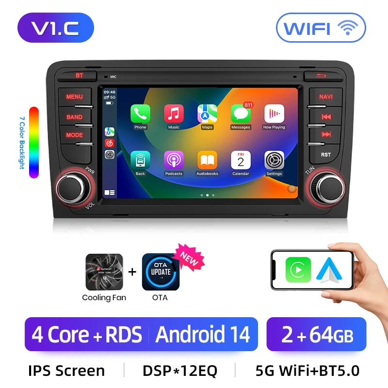 Junsun 7 ''Draadloze CarPlay Android Auto Radio Multimedia Voor Audi A3 8P S3 2003-2012 4G WiFi GPS Navigatie Autoradio