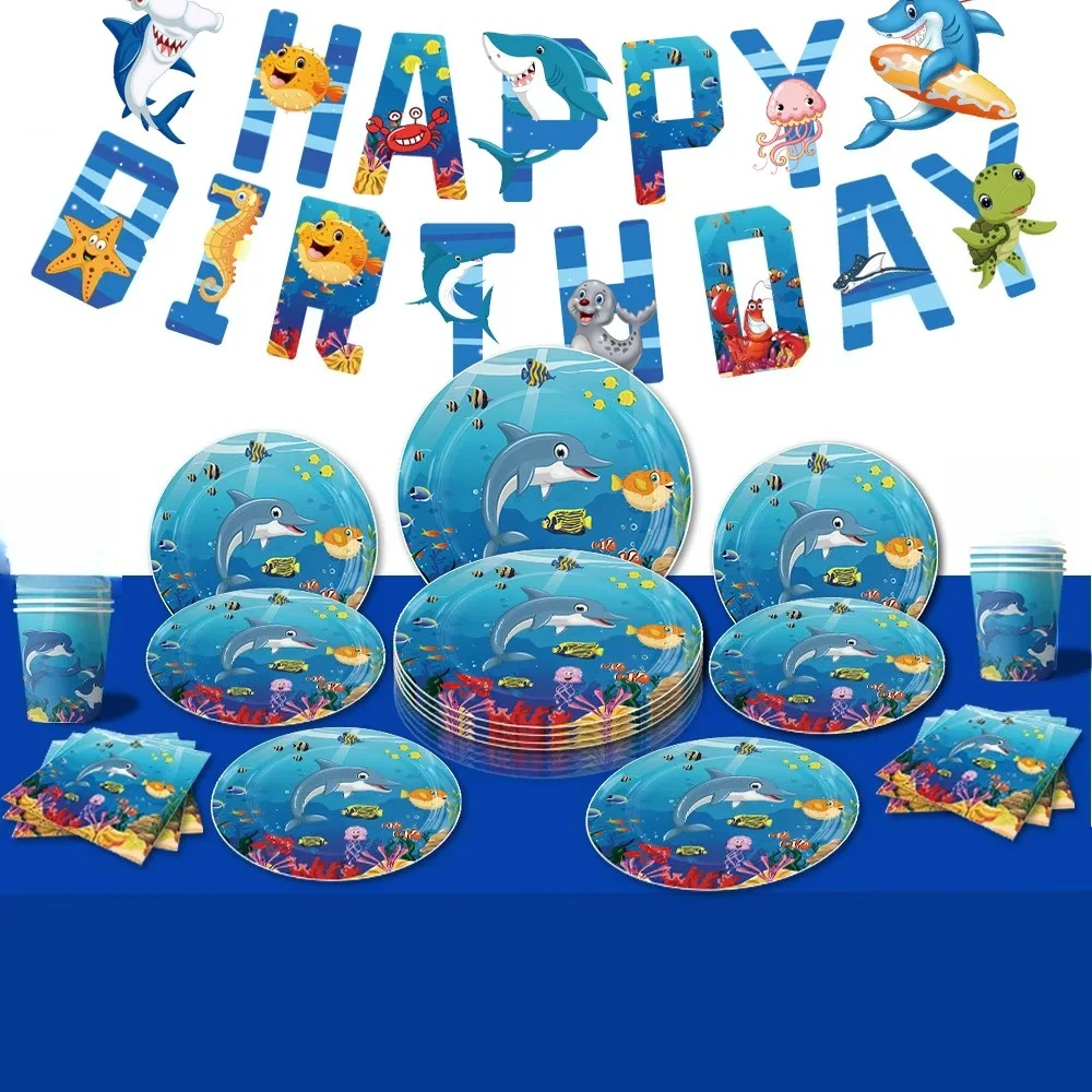 20-teiliges Blaues Hai- und Delfin-Themen Geburtstagsparty-Set Pappteller Becher Dekorations-Set Party-Dekorationszubehör