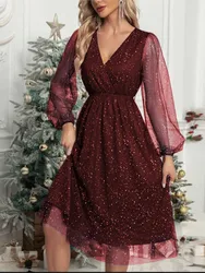 New Women's Sexy V-neck Elegant Slim Fit Solid Color Patchwork Mesh See Through Powder Sprinkled Dress For Women