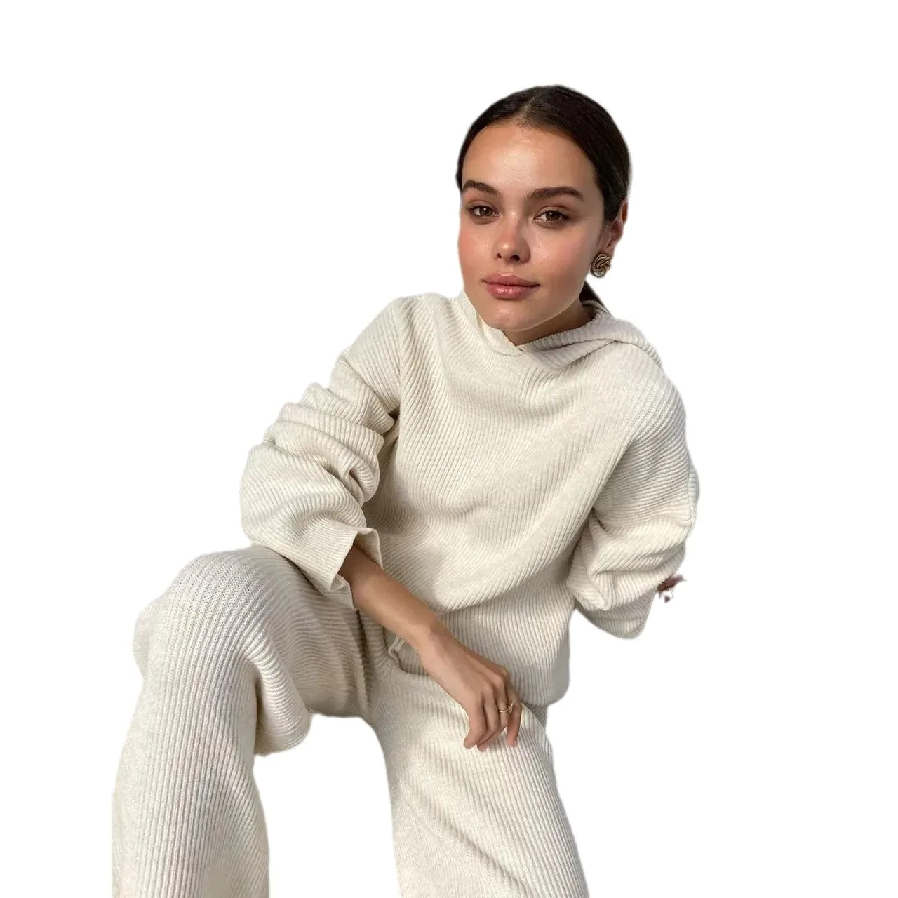 New Solid Color Knit Two-piece Set for Autumn and Winter, Hooded Knit Jumper + Drawstring Wide-leg Pants Casual Loose Suit Women