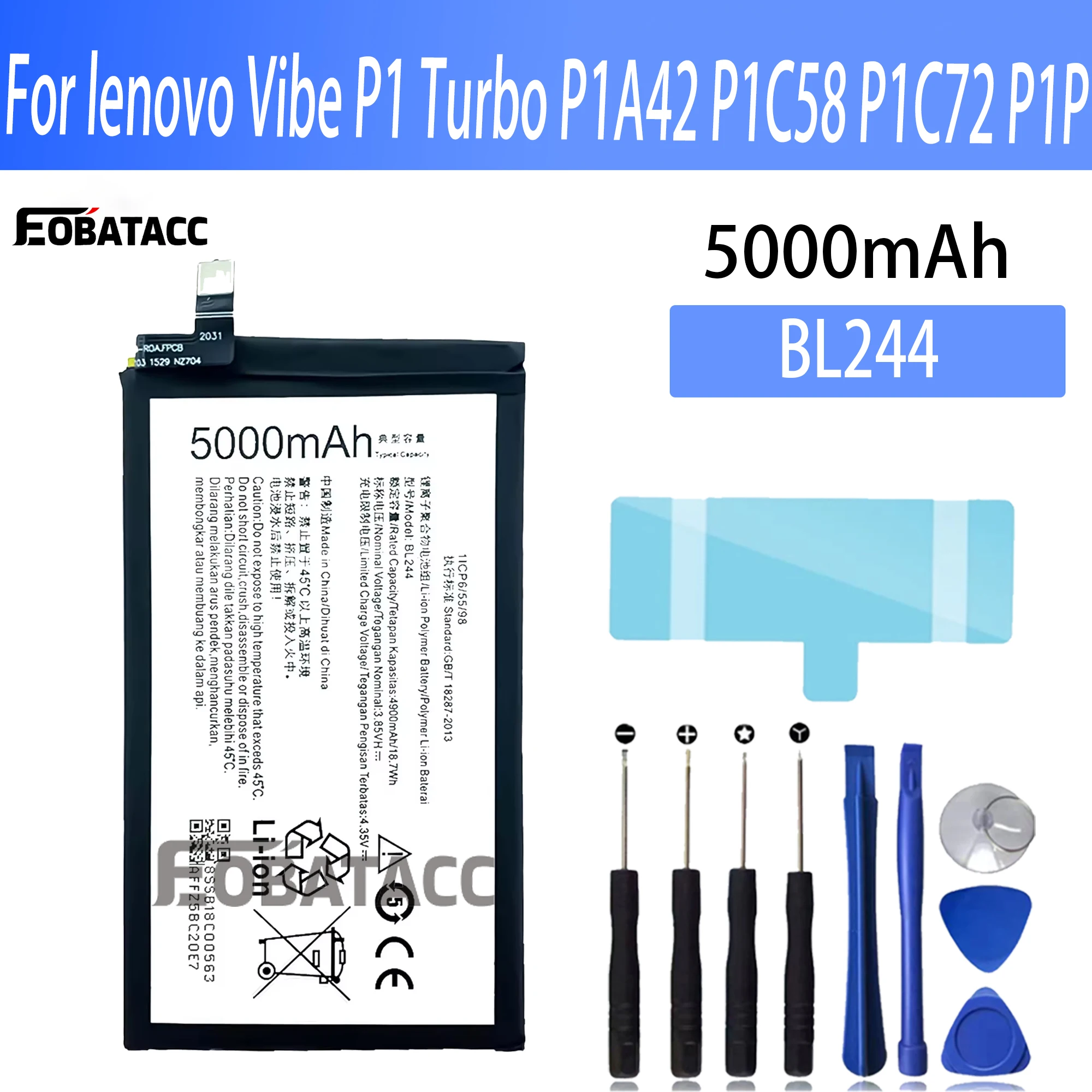 100% New Original Battery BL244 For lenovo Vibe P1 Turbo P1A42 P1C58 P1C72 P1P Battery + Free Tools