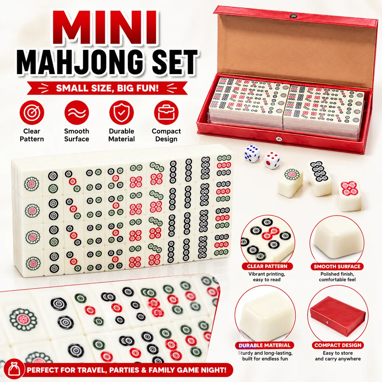 

Mini Mahjong Set 144 Tiles Travel Game with 2 Dice Red Storage Case Family Party