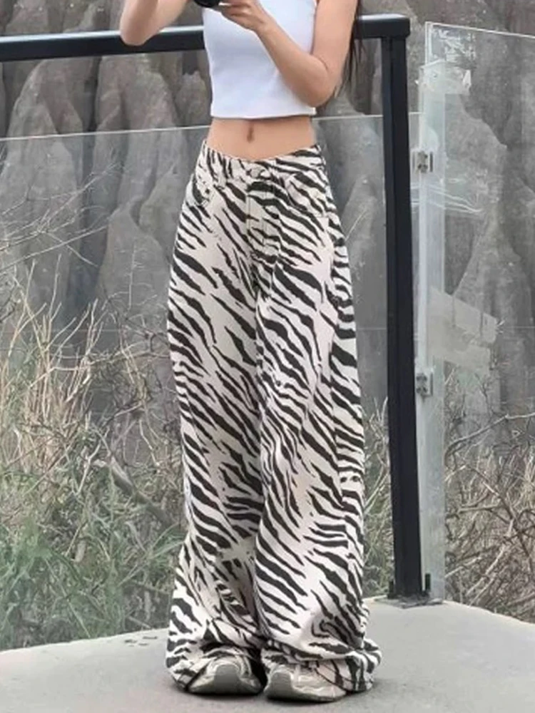 

Y2K Женские джинсы с принтом зебры в американском стиле Spicy Girl с высокой талией для похудения, прямые брюки, облегающие широкие брюки, высокие брюки