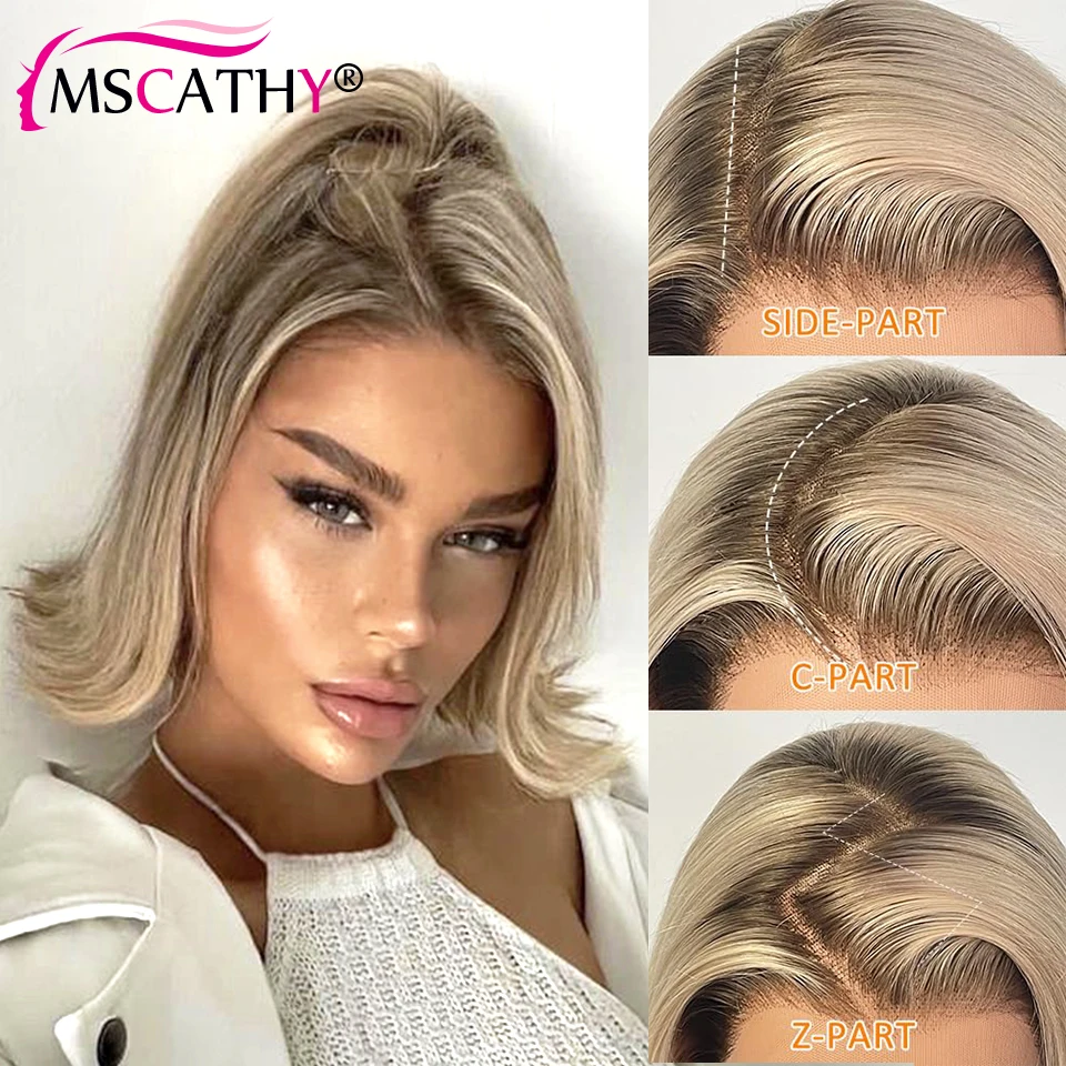 

13x4 Ash Blonde Ombre Colored Remy Brazilian Human Hair Wigs With Dark Roots HD Transaprent Lace Frontal Bob Wigs Preplucked