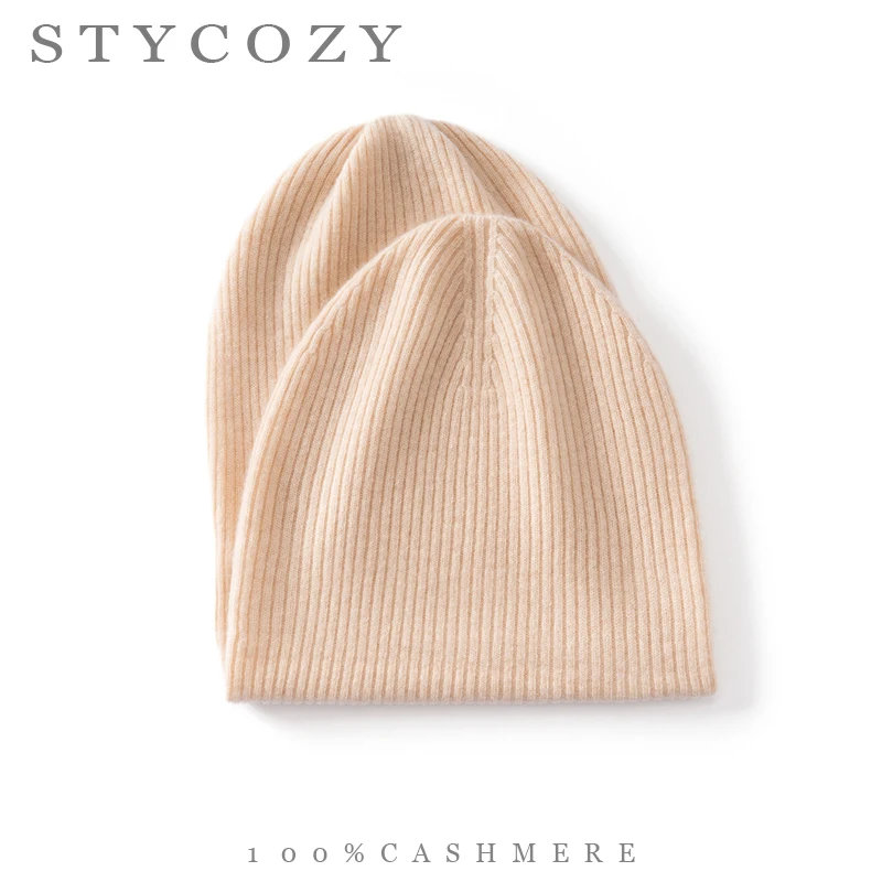 Unisex100%Cashmere Solid Vertical Ribbed Knit Beanie Hat Soft Elastic Double Cuffed Pull‑on Cap Women Winter Warm Daily Headwear