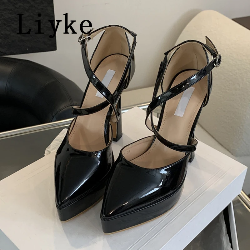 Liyke 2024 Spring Autumn Women Platform Pumps Black Pointed Toe Buckle Strap Super High Heels Pole Dance Shoes Zapatos Mujer