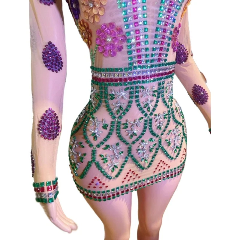 Sparkly Luxury Rhinestones Mesh See Through Cut Out Sexy Mini Dress Party Club Birthday Evening Celebrate Prom Gowns Stage Wear