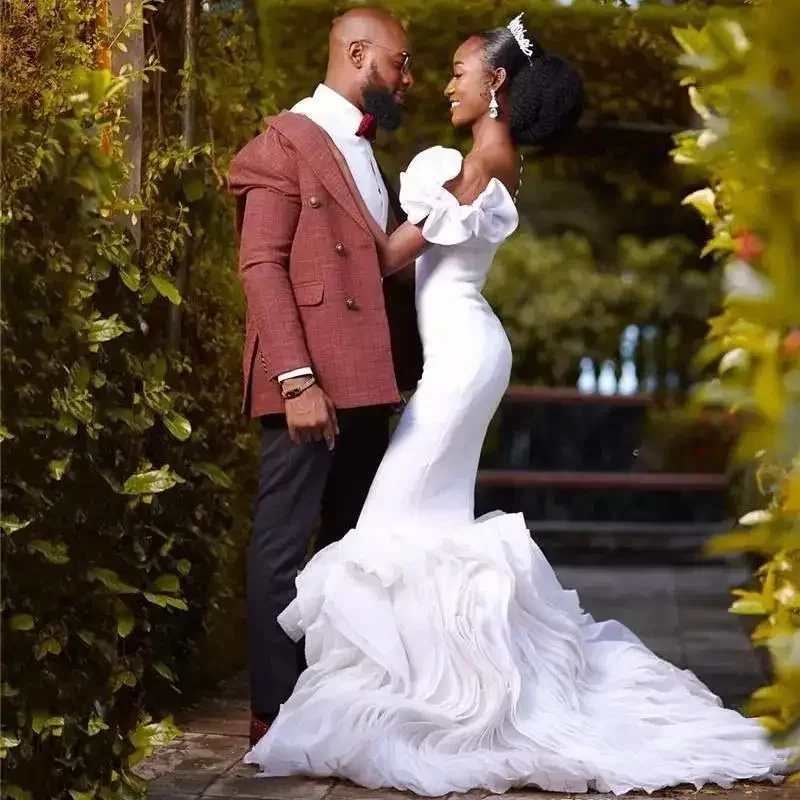 Customized Mermaid Dresses One Shoulder Ruffles Tiered Sweep Train Custom Made African Wedding Bridal Gown