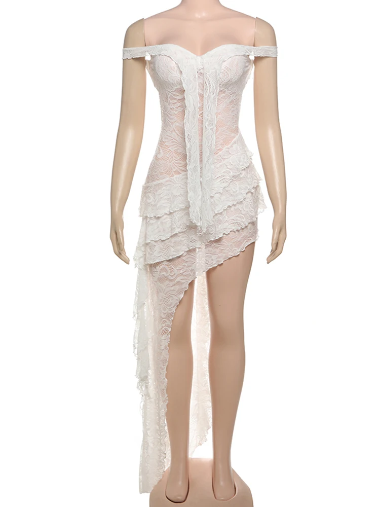 InGrily Elegantes, unregelmäßiges, gestuftes Kleid für Damen, Mesh-Patchwork, Slash-Ausschnitt, Schnürung, rückenfrei, Mitternachtsbankett, Party, lang, figurbetont