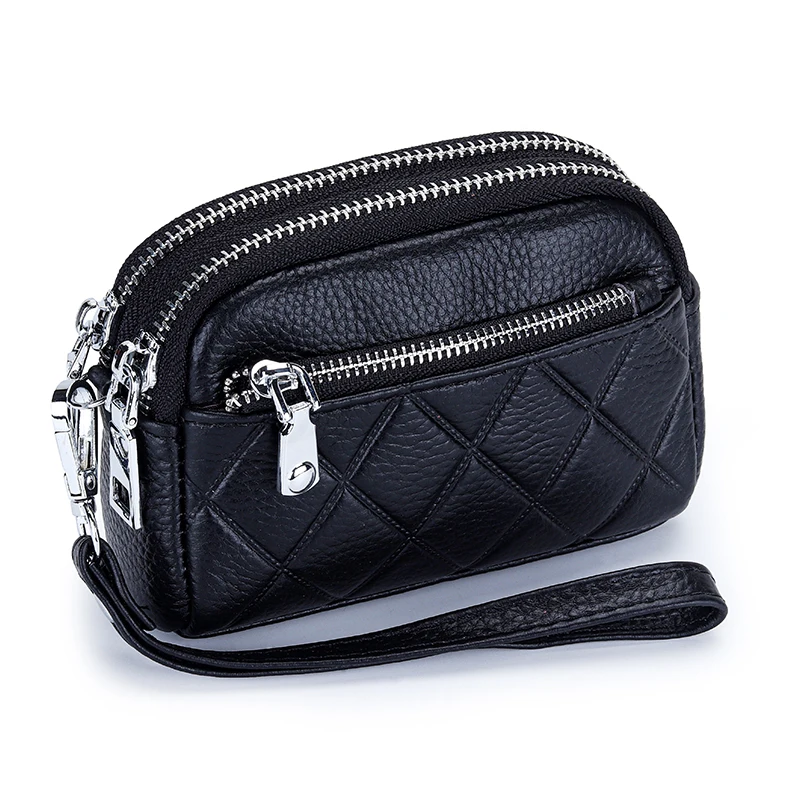 Genuine Leather Women Coin Purses with Two Zippers Compartments Hot Selling Fashion Embossed Grid Mini Bags for Lipstick, Cards