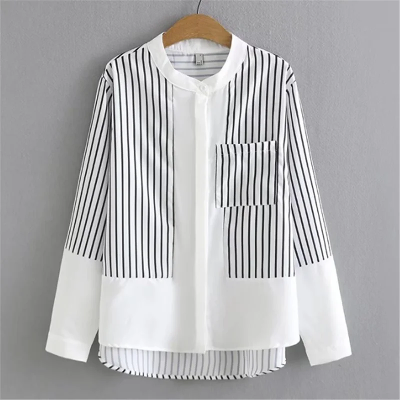 Plus-Size Women's Spring 2022 New Striped Patchwork Round Collar Mid-Length Long-Sleeve Shirt 156