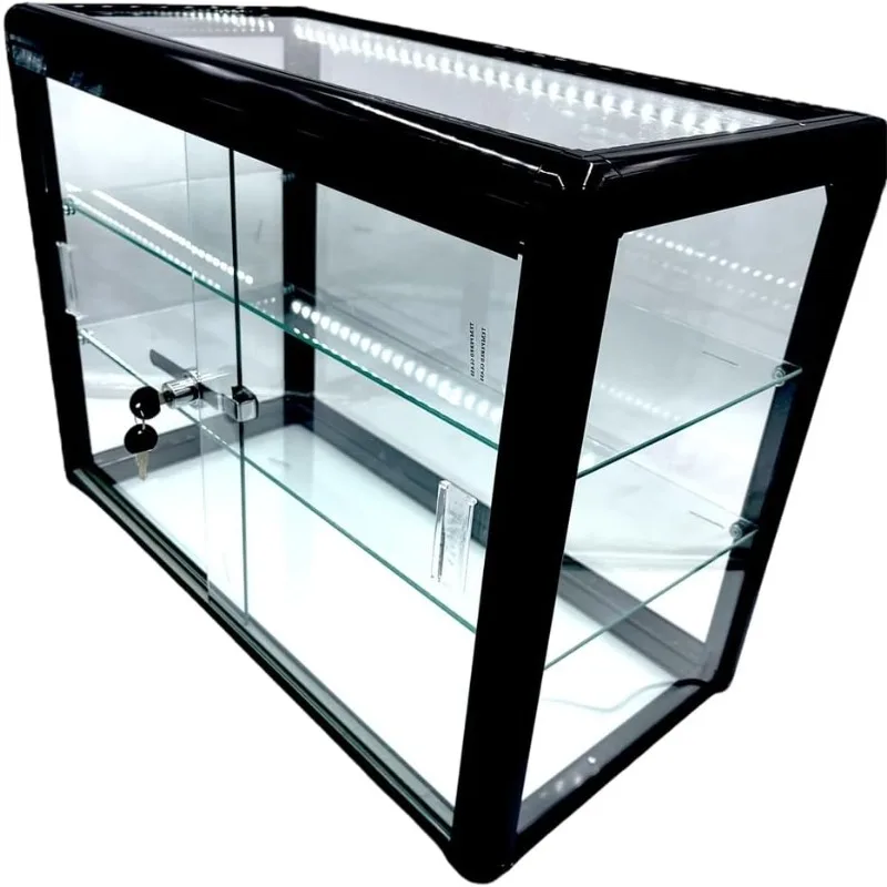 Only Garment Racks Elegant Black Aluminum Display Table Top Tempered Glass Show Case. Sliding Glass Doors with Lock