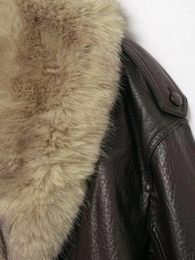 Femmes nouveau élégant col de fourrure vestes femmes à manches longues en cuir Patchwork Double boutonnage veste ample vêtements d'extérieur pour femmes