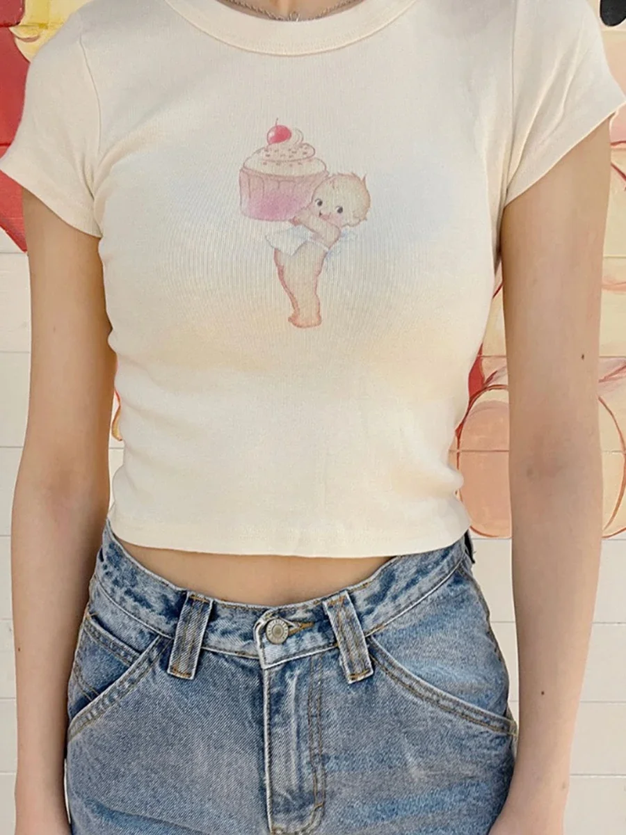 Kitty Bunny Baby Crop Top Women Summer Cotton Round Neck Short Sleeve Slim T-shirts Female Casual Streetwear Y2k Tank Top 2023