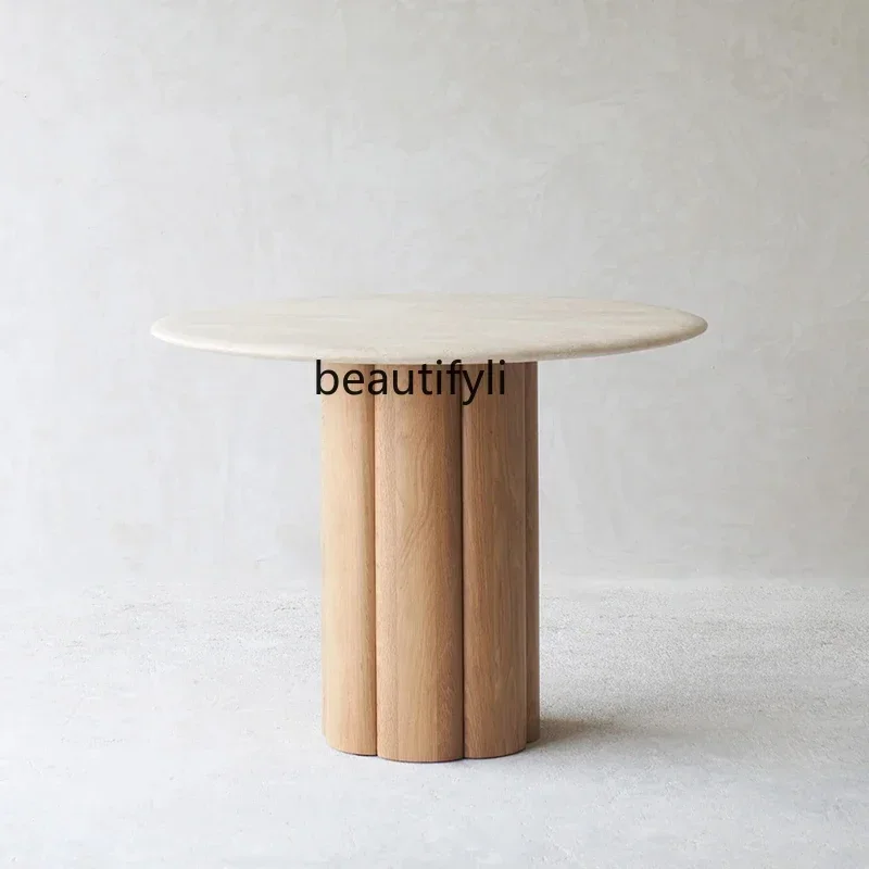 

Natural Travertine Dining Table Designer Creative Restaurant Solid Wood Base French Round Table