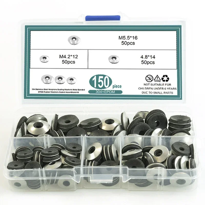 150pcs 304 Stainless Sealing Washers EPDM Rubber Waterproof Dustproof Compound Gaskets Φ4.2*12/Φ4.8*14 /Φ5.5*16 Non-slip Gasket