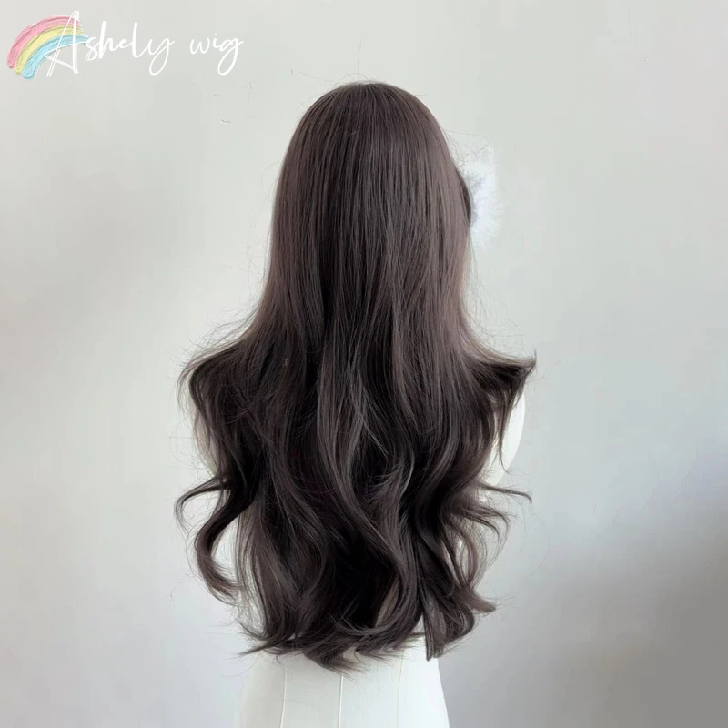 شعر مستعار بني أسود للنساء 24 بوصة شعر مستعار طويل مموج طبيعة المظهر لوليتا لطيف بيروكات صناعية ارتفاع درجة الحرارة الألياف شعر مستعار #4