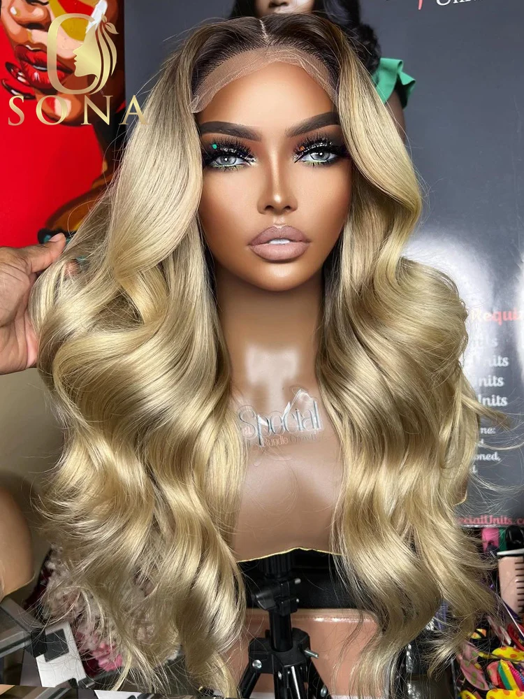 

Ombre Ash Blonde With Root Colored Body Wave 13x6 HD Transparent Lace Front Wigs For Women Human Hair Honey Blonde Wig 32 34inch