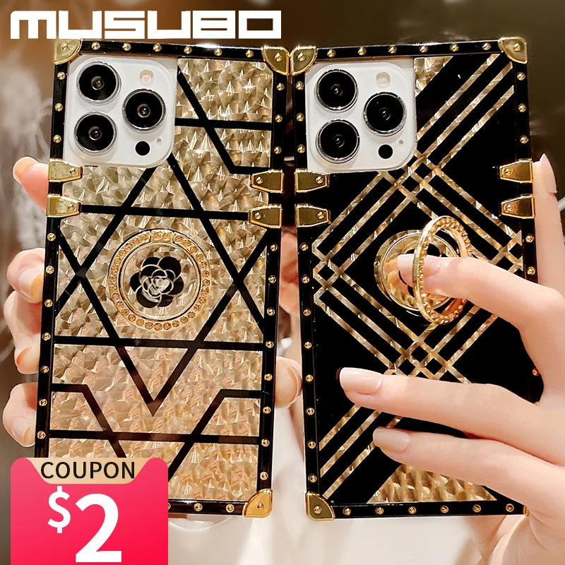 

Musubo Luxury Gold Case For iPhone 14 13 Pro 12 Pro Max 11 XR Cover Stand Ring Fundas iPhon XR Xs Max 8 Plus SE Coque Capa Brand