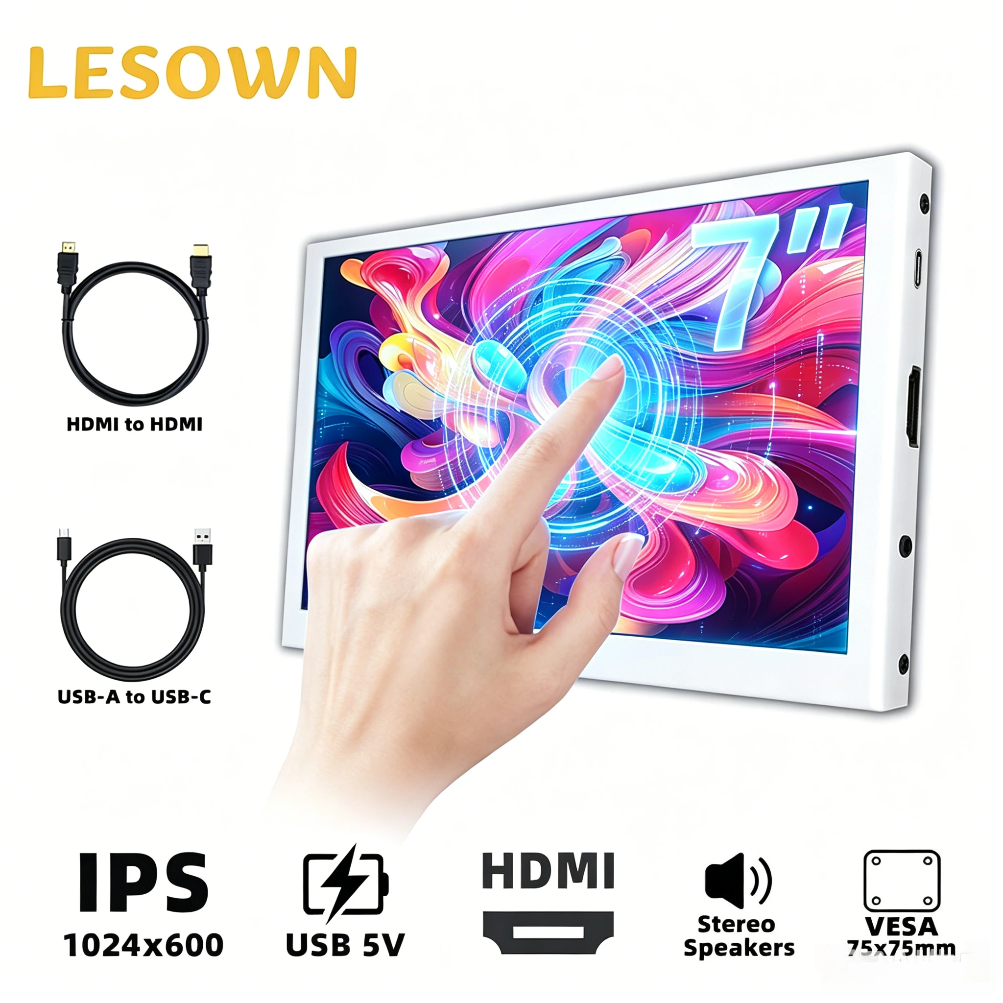 LESOWN 7 Inch Matte White Computer Monitor 1024x600 IPS Case Internal Hardware Status Screen with Audio Speaker for PC Setup