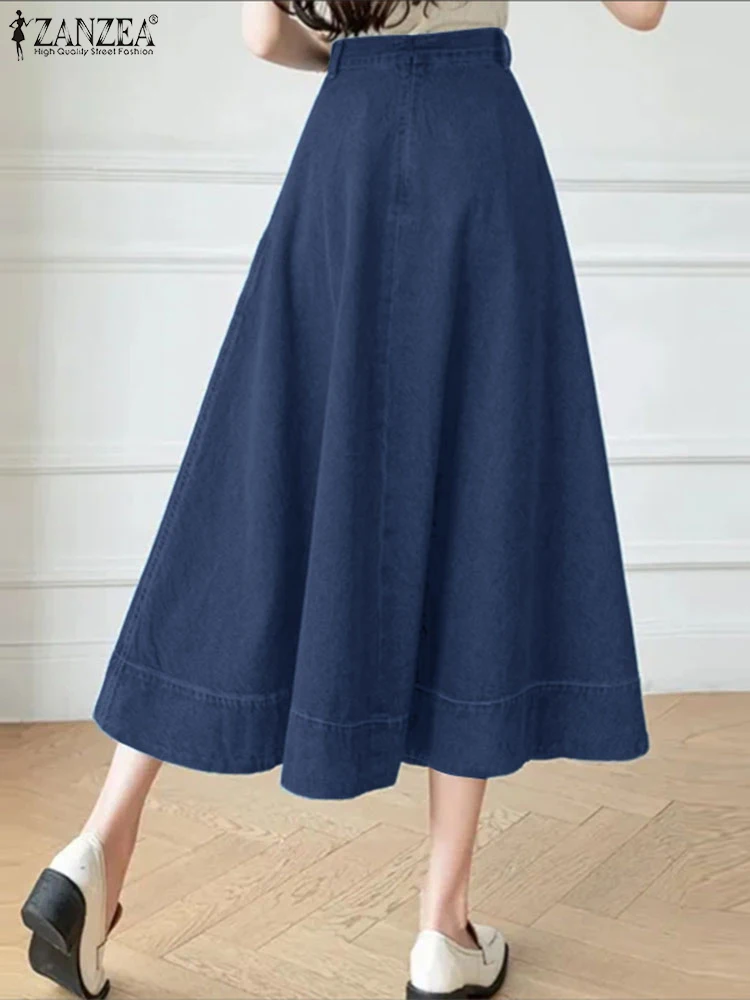 

ZANZEA Women Denim Skirts Casual Korean Pockets Overskirts 2025 Summer A-Line Zipper Women's Clothing Midi Bottoms Oversized