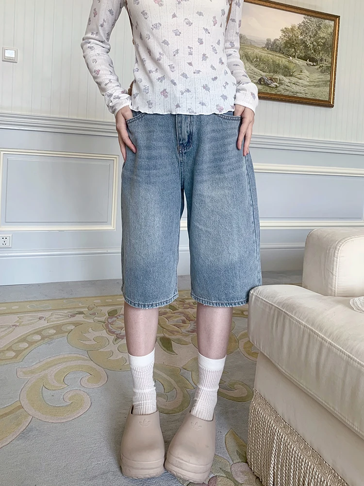

High Waist Five-Quarter Denim Shorts Women's Summer Loose Straight Leg Pants Small Stature Five-Quarter Mid-Pants