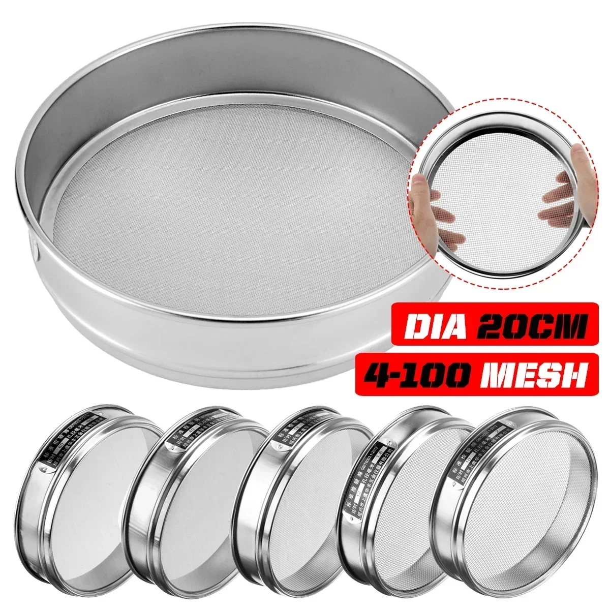 10-200 Mesh 20cm 2-0.075mm 304 Stainless Steel Mesh Test Sieve Aperture Lab Standard Bean Fruit Baking Food Filter