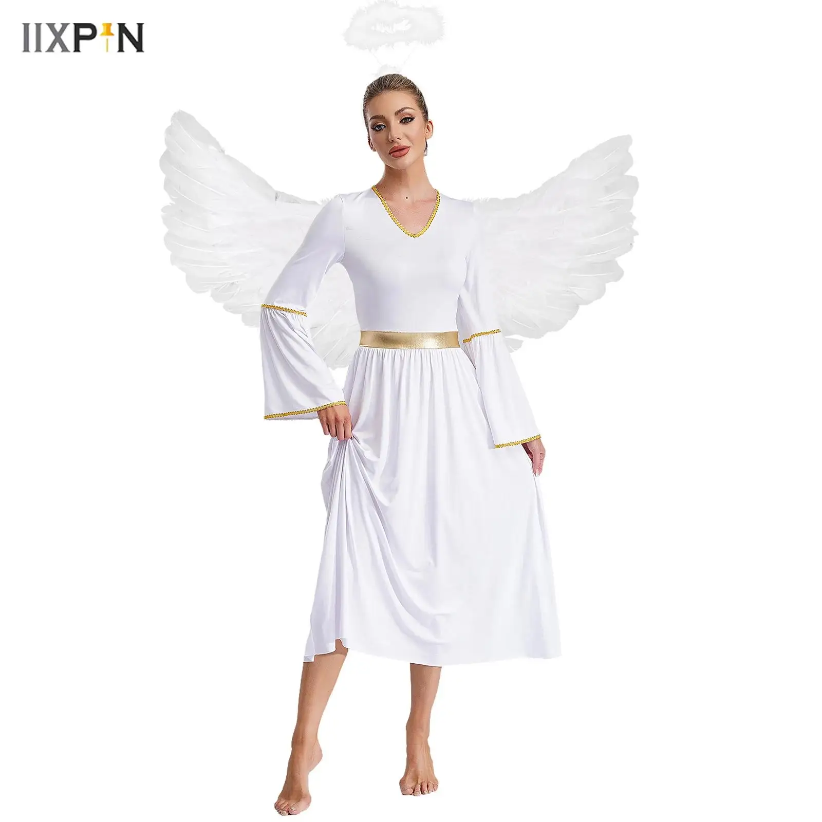 

Women Angel Cosplay Costume Long Sleeve Gold Trim Dress Gown+Feather Angel Wings+Headwear Halloween Party Performance Costume