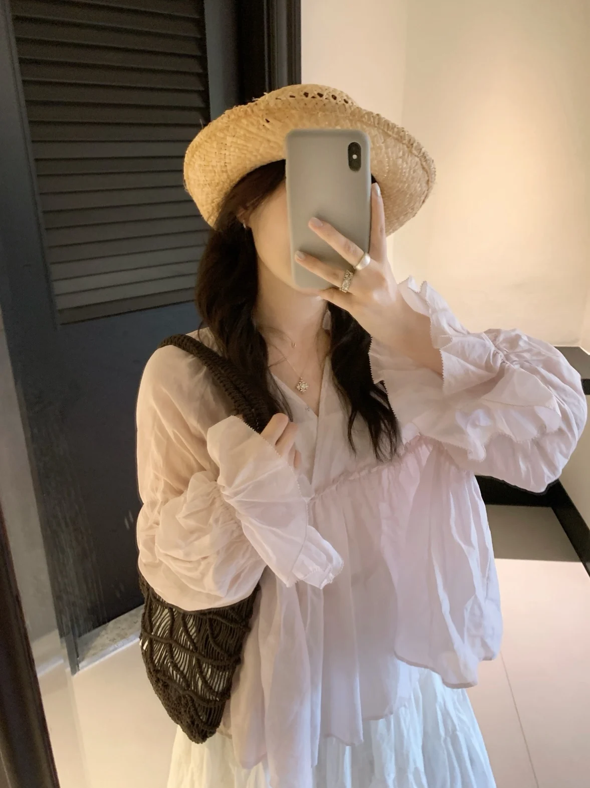 

Loose Cotton V-ne Heavy Embellied Multi-pleated Slimming irt Top French Sle Pure Cotton Long Sve Breathable Women'...