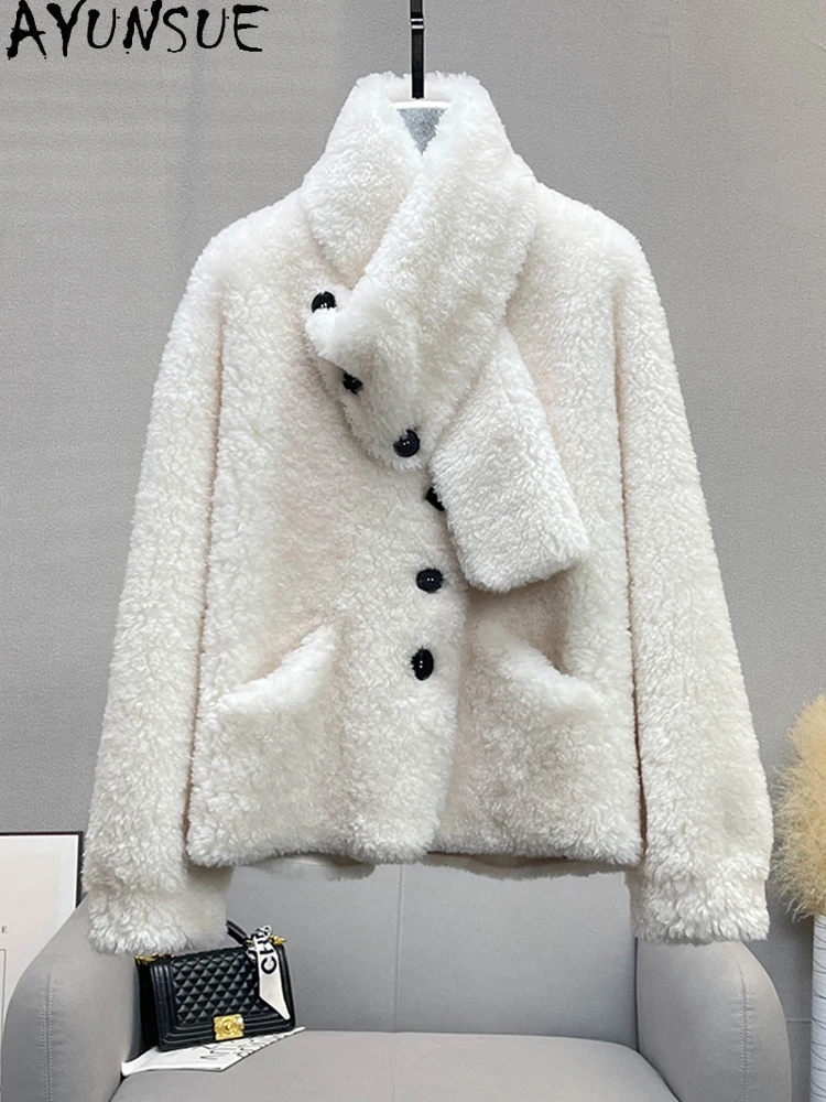 AYUNSUE 100% Naturalna Wełna Odpinany Szal Damska Kurtka 2025 Nowa Jesienno-Zimowa Kurtka z Futra Jagnięcego Odzież Damska Ropa Para Mujer