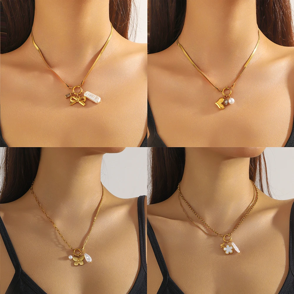LAMENGLY 316L Stainless Steel Glamorous 5-Leaf Flower Heart Bow Starfish Pearl Shell Pendant Necklace Women Elegant Neck Chain - Image 3