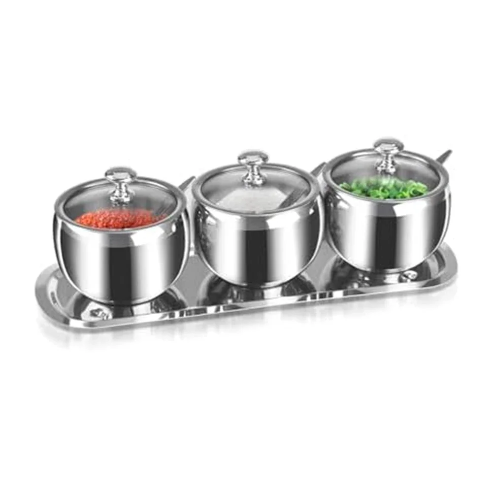 Elegant 3-Grid Stainless Steel Sugar Bowl Set With Spoon & Tray For Kitchen Storage Bottle Kitchen Storage Jars Seasoning Candy